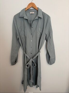 LOFT Light Sage Green Long Sleeve Shirt Dress with Tie
